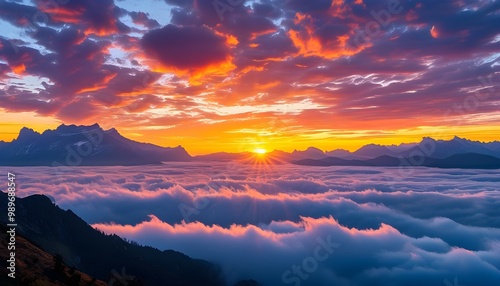 Vibrant sunrise illuminating a sea of clouds with a dramatic mountain range on the horizon