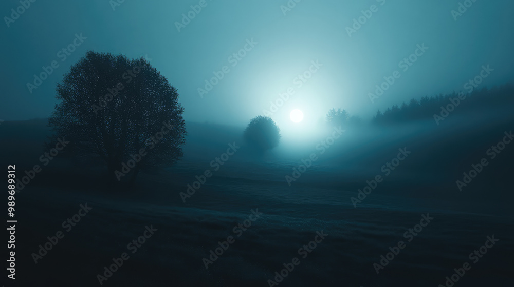 Fototapeta premium A forest at night with a full moon in the sky