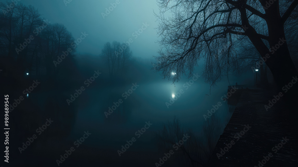 Fototapeta premium A dark forest with a lake and trees