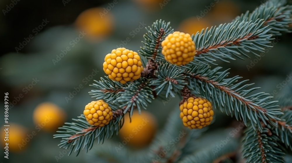 A Close-Up View of Yellow Berries Nestled Amidst the Evergreen Needles of a Coniferous Tree Branch A Close-Up View of Yellow Berries Nestled Amidst the Evergreen Needles of a Coniferous Tree Branch