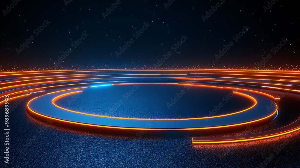 Fototapeta premium Futuristic neon circular design on a dark background.