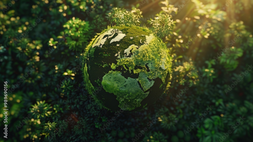 Eco concept, Earth planet made of green moss on forest background with sunlight Eco concept, Earth planet made of green moss on forest background with sunlight