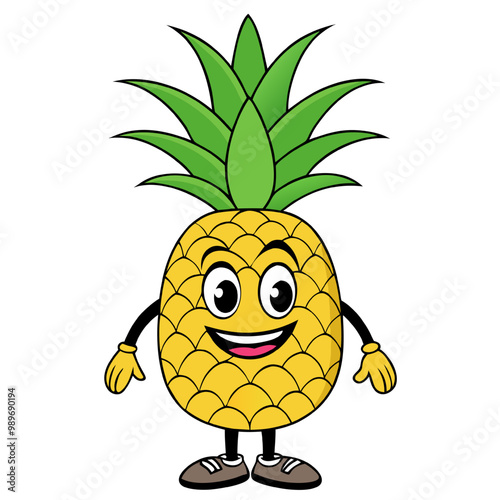 Happy Pineapple Cartoon Character: A cheerful pineapple with a friendly smile, sporting brown shoes, arms, and green leaves, radiating positive vibes. Perfect for tropical themes, summer fun, and addi photo