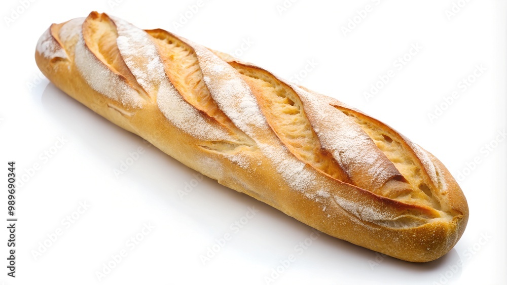 A freshly baked baguette isolated on a clean white background A freshly baked baguette isolated on a clean white background