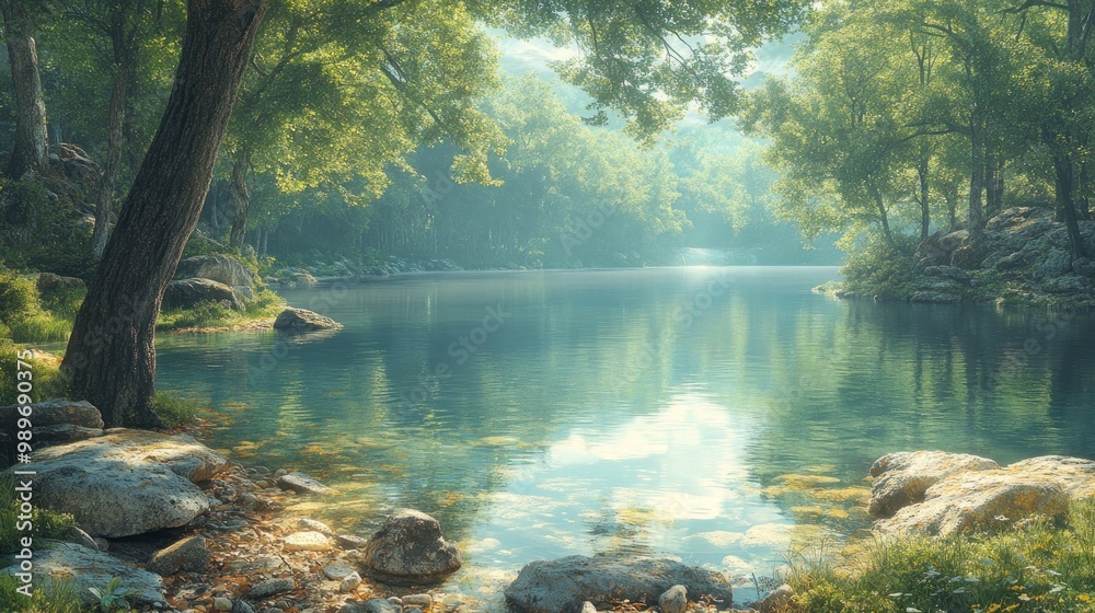 Serene lake surrounded by lush trees and tranquil nature. Serene lake surrounded by lush trees and tranquil nature.