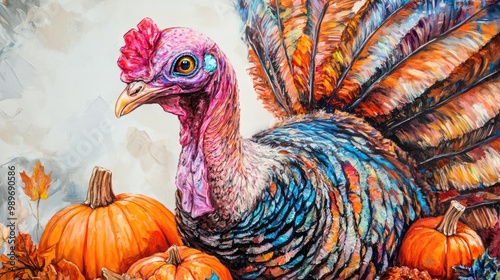 A festive close-up of turkey artwork with vivid colorful feathers and pumpkins, elegantly painted on a white canvas for seasonal decor photo