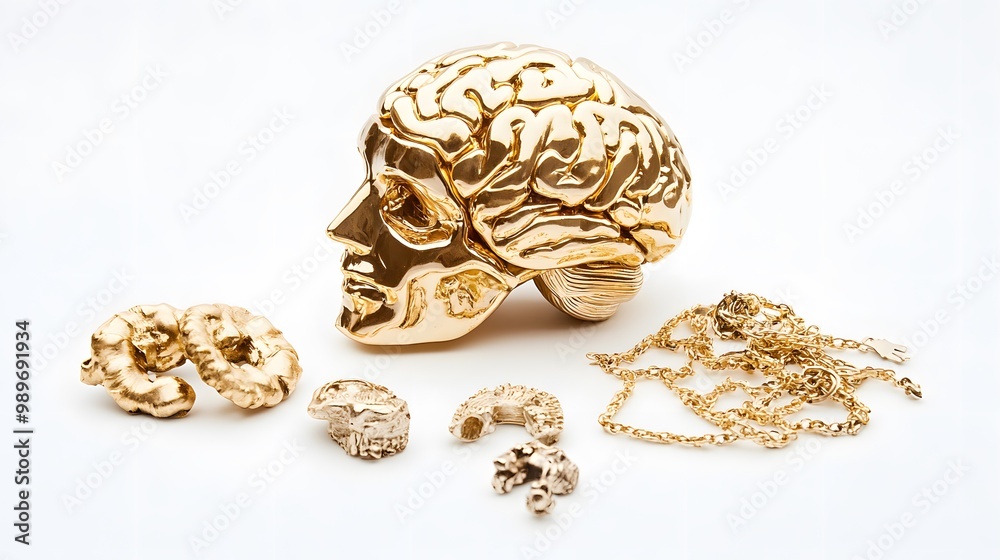 Brain gold white background accessories.
