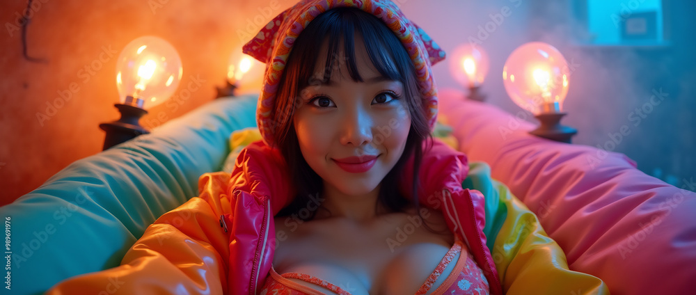 Fototapeta premium Cinematic shot of an exotic Asian woman looking at the camera. Exotic background.