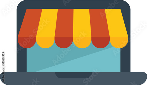 Laptop computer displaying an online store awning for e commerce and online shopping concept