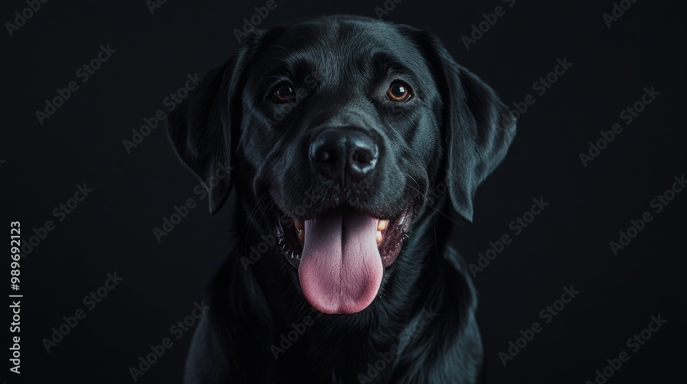Fototapeta premium A close-up portrait of a black Labrador retriever against a dark background. The dog has a joyful expression, showcasing its friendly nature and glossy fur. Ideal for pet lovers. AI