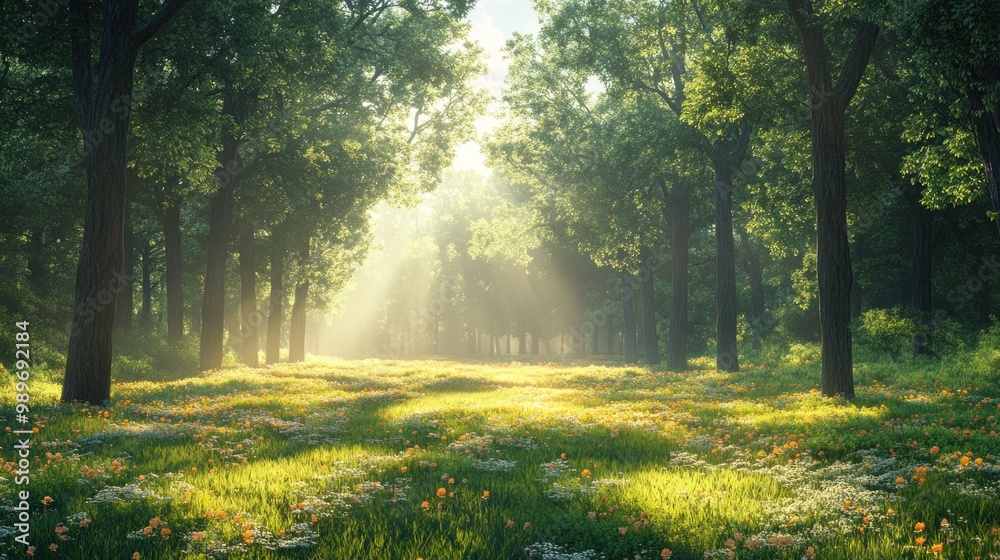 Fototapeta premium Lush forest scene with sunlight filtering through trees.