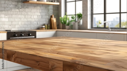 Empty wooden table top with blurred kitchen interior background for product display montage