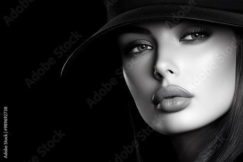 A black-and-white portrait of a woman wearing a hat, her face half hidden in shadow, creating a mysterious mood