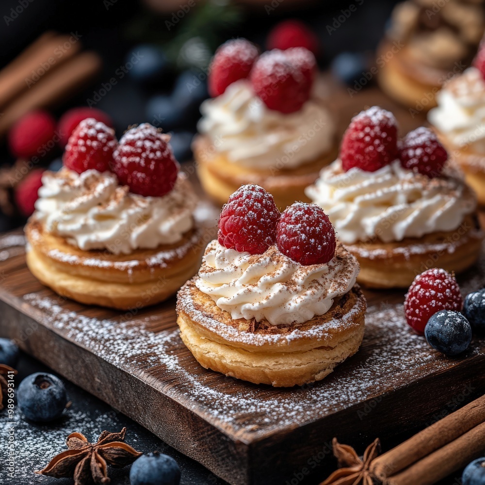 Handmade desserts with fresh berries and powdered sugar Handmade desserts with fresh berries and powdered sugar