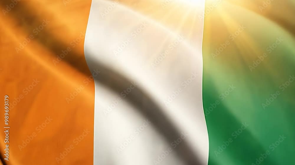 The flag of Ivory Coast, featuring orange, white, and green vertical stripes, waves gently as sunlight reflects off its fabric, creating a warm, inviting atmosphere