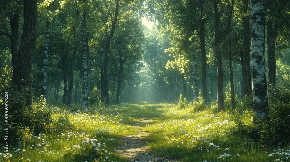 A serene forest path surrounded by lush greenery and flowers. A serene forest path surrounded by lush greenery and flowers.