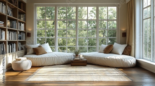 Cozy Living Room with Bay Window and Bookcase photo