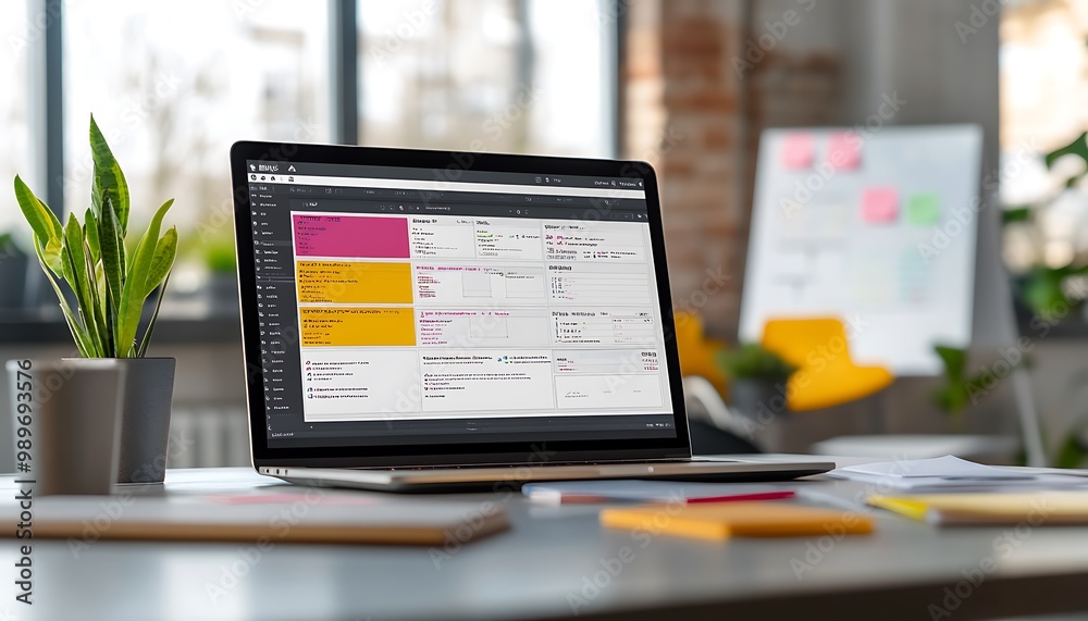 Laptop Displaying Digital Kanban Board with Whiteboard and Flowcharts Laptop Displaying Digital Kanban Board with Whiteboard and Flowcharts