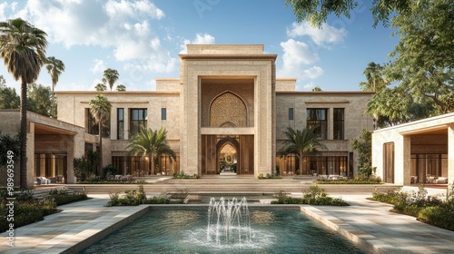 Luxury Villa with Fountain and Palm Trees