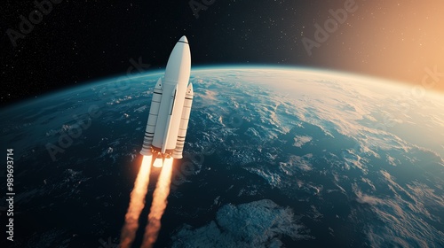 A rocket launching into space, with the earth below in a distant view, symbolizing ambition and future vision. Minimalistic style, soft natural lighting. Realistic, medium shot.