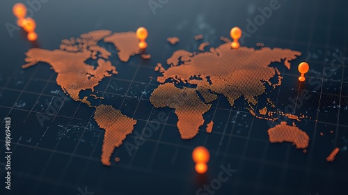 A detailed map with glowing points marking key locations, representing strategic global business planning, laid out on a sleek modern desk