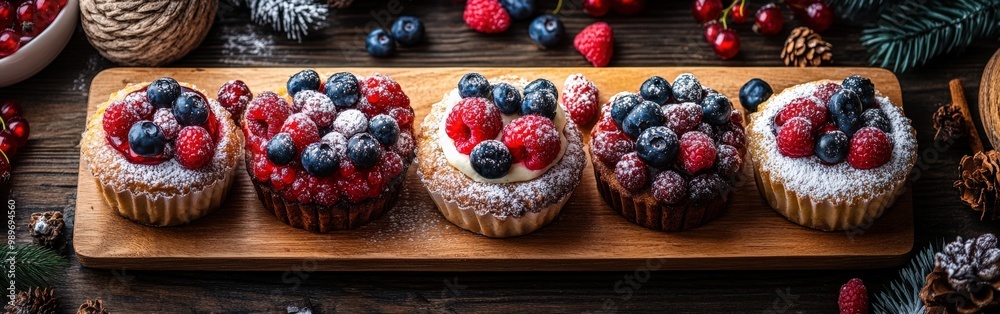 Handmade desserts with fresh berries and powdered sugar Handmade desserts with fresh berries and powdered sugar