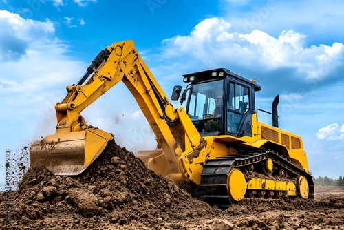 A bulldozer clearing land for a new development, with dust and dirt flying as the earth is moved