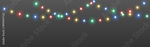 Christmas lights. Color garland for website or banner. Bright Xmas bulbs. Colorful lamps on transparent background. Glowing holiday decoration. Vector illustration.