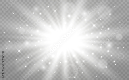 Light glow. White glowing effect. Silver shine with particles and bokeh. Bright star with radial beams. Shining sun concept. White explosion and dust. Vector illustration.