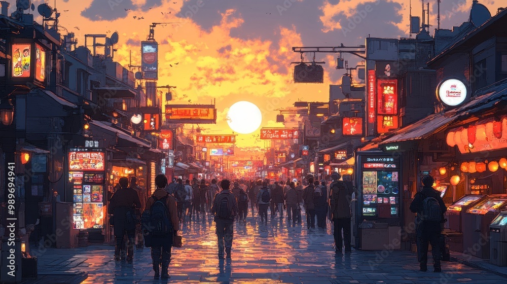 Sunset over a bustling Japanese Street Sunset over a bustling Japanese Street