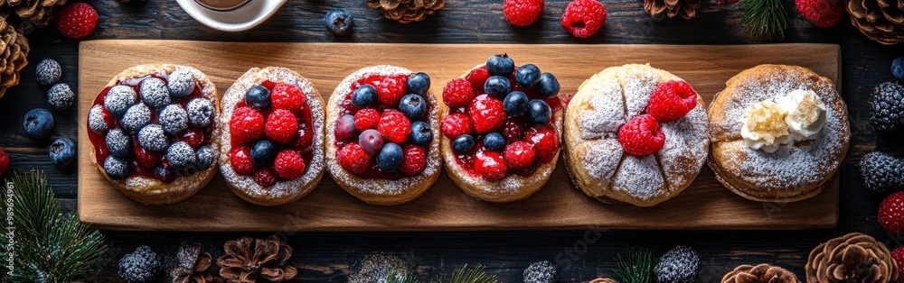 Handmade desserts with fresh berries and powdered sugar Handmade desserts with fresh berries and powdered sugar