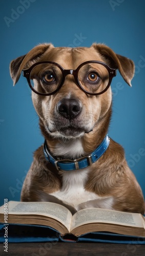 Brown and white dog wearing glasses reading a book