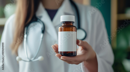 Doctor holding herbal supplement bottle with white label