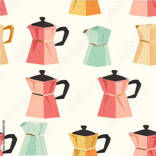 A modern vector pattern featuring colorful moka pots in a geometric, minimalistic style, perfect for contemporary kitchen design projects.