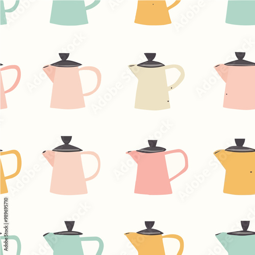 A seamless vector pattern of pastel-colored moka pots with a retro feel, ideal for coffee or kitchen-themed designs.