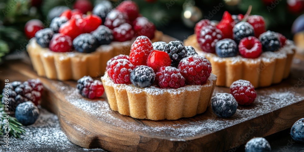Handmade desserts with fresh berries and powdered sugar Handmade desserts with fresh berries and powdered sugar