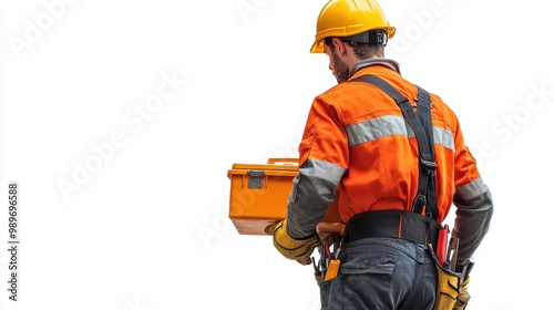 A workman in safety gear holds a toolbox while standing alone against a white backdrop