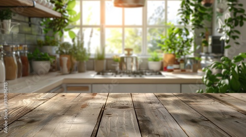 Empty wooden table top with blur background of kitchen counter and green nature for product display montage