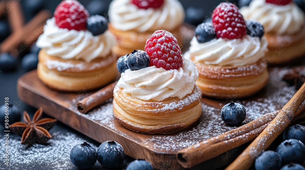 Handmade desserts with fresh berries and powdered sugar Handmade desserts with fresh berries and powdered sugar