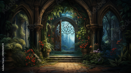 A serene and enchanting garden scene featuring an ornate archway surrounded by lush greenery and vibrant flowers.