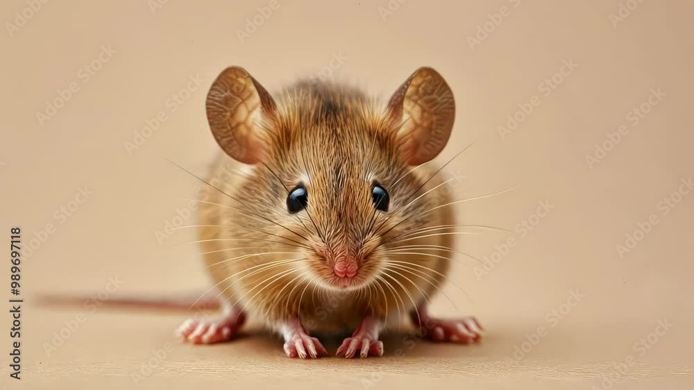 A close-up of a charming small mouse with soft fur, large black eyes, and a pink nose against a neutral beige background. Ideal for nature, wildlife, or educational content. A close-up of a charming small mouse with soft fur, large black eyes, and a pink nose against a neutral beige background. Ideal for nature, wildlife, or educational content.