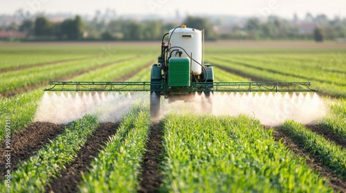 Sprayer machine applying pesticides or fertilizers on a large crop field photo