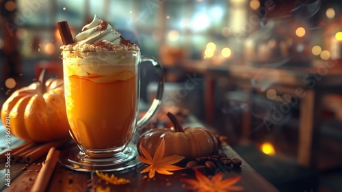 A cozy autumn scene featuring a steaming cup of pumpkin spice latte