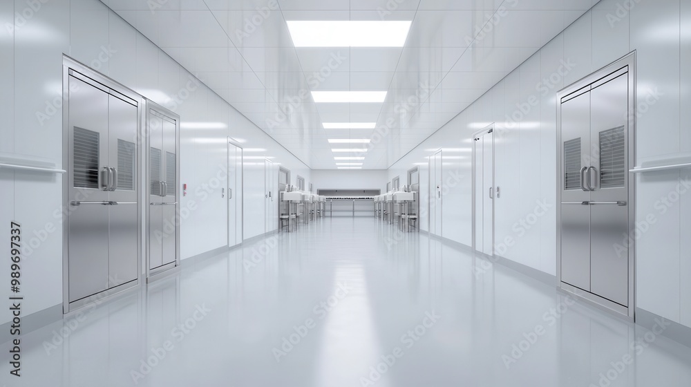 A modern dairy farm with cows being milked using advanced automated machinery in a clean environment A modern dairy farm with cows being milked using advanced automated machinery in a clean environment