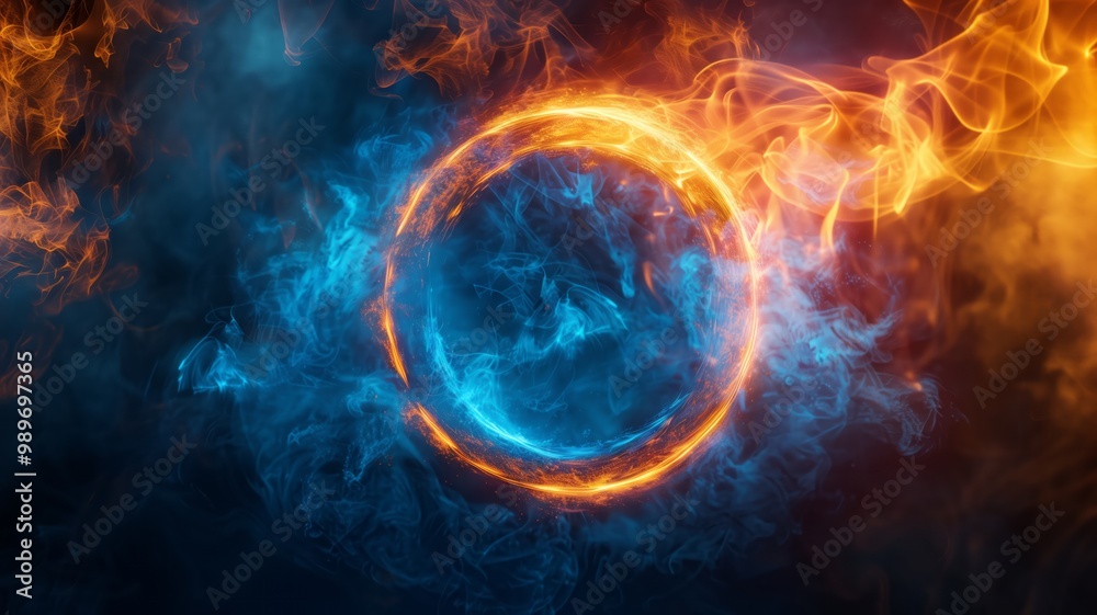 Fototapeta premium An abstract glowing ring of blue flames and smoke swirls against a dark background