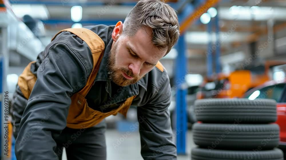 A mechanic inspects tires in a well-equipped workshop, focused on his task amidst tools and vehicles. image conveys hard work and craftsmanship in automotive repair. A mechanic inspects tires in a well-equipped workshop, focused on his task amidst tools and vehicles. image conveys hard work and craftsmanship in automotive repair.