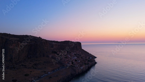 greece peloponnese historical peninsula monemvasia aerial view with sunrise and sunset lights