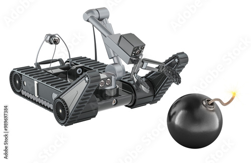 Bomb disposal robot and black round bomb with burning fuse, 3D rendering isolated on transparent background