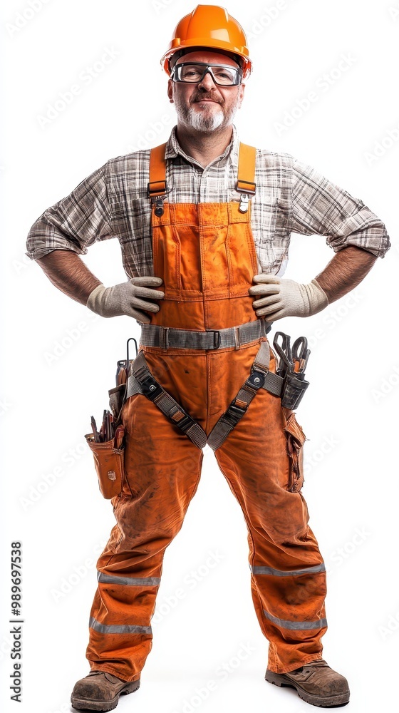 The workman wears protective gear and stands with hands on hips, ready for maintenance tasks
