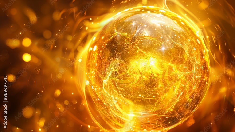 A glowing sphere of bright yellow and orange energy, radiating light A glowing sphere of bright yellow and orange energy, radiating light